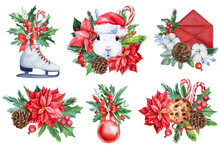 Watercolor New Year Holiday Elements. Skates, Envelope, Bunny And Poinsettia Flowers Isolated White Background. 