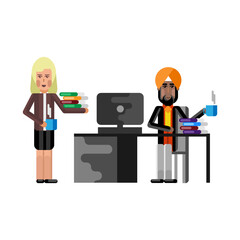 Wall Mural - Indian businessman with coffee cup working in office and blonde secretary with documents near here. Corporate multicultural business people isolated vector illustration.