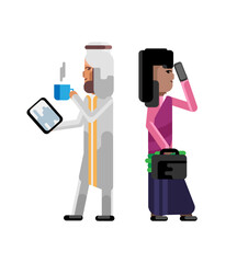 Canvas Print - Arabic businessman with tablet computer and indian businesswoman with money suitcase and mobile phone. Corporate multicultural business people isolated vector illustration.