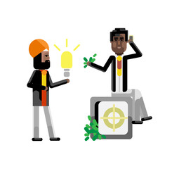 Sticker - Indian businessman holding idea light bulb and african investor with smartphone sitting on bank safe full of money. Corporate multicultural business people isolated vector illustration.