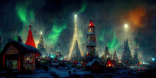 Winter City Christmas Northern Lights With Buildings