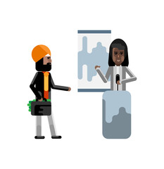 Wall Mural - African woman on tribune doing business presentation and indian investor holding money suitcase. Corporate multicultural business people isolated vector illustration.