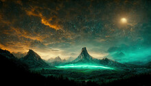 Mountain Night Landscape With Mystical Green Light, Starry Night Sky 3d Illustration