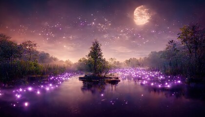 Wall Mural - Night forest with a full moon in the sky with a glowing purple lake and trees around 3d illustration