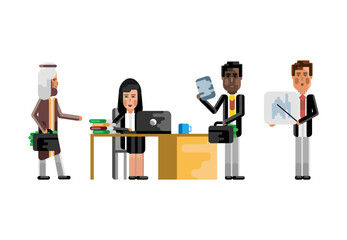 Poster - Multiethnic teamwork in office, european speaker doing presentation, asian woman working at computer. Corporate multicultural business people isolated vector illustration.