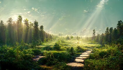 Poster - Landscape with trees and green grass in the sun and stone path 3d illustration