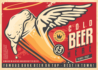 Wall Mural - Promotional retro poster for cold beer on tap. Vintage advertisement with beer glass and angel wings. Vector decoration for pub or cafe bar.