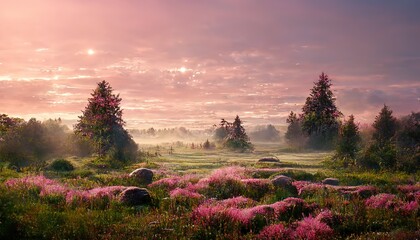 Poster - Early morning with sunrise over a green field with coniferous trees and rocks under a pink sky 3d illustration