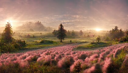 Poster - Sunrise over a green field with flowering plants, coniferous trees and rocks under a pink sky 3d illustration