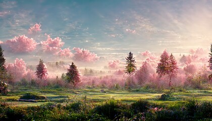 Sticker - Sunrise over a green meadow with flowering plants, trees and rocks under a sky with pink clouds 3d illustration