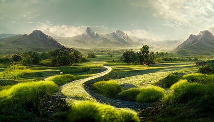 Poster - Green meadow and road in a mountain valley under a blue sky with fluffy clouds 3d illustration