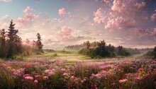 Evening On A Blooming Green Meadow With Trees And Shrubs Under A Sky With Pink Clouds 3d Illustration