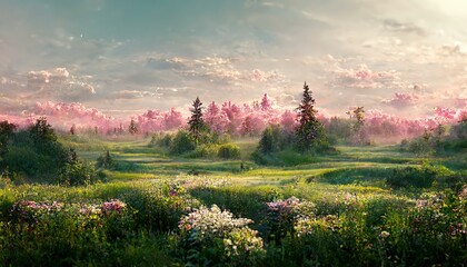Poster - Flowering plants on a green meadow, bushes, trees under the sky with pink fluffy clouds 3d illustration