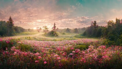 Poster - Summer evening with green trees, blooming flowers and a field under the sky with a shining sun and pink clouds 3d illustration