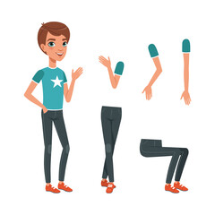 Wall Mural - Full length portrait of boy in casual clothes, legs and arms collection. Cute boy character creation, constructor for animation cartoon vector illustration
