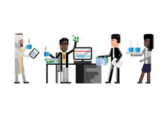 Poster - Multiethnic business staff in office, asian investor with money suitcase, arab man with tablet pc. Corporate multicultural business people isolated vector illustration.