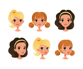 Wall Mural - Cute teenage girls heads set. Children characters creation, constructor for animation cartoon vector illustration