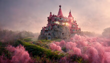 Pink Castle On A Rock In Pink Clouds With Green Grass, Trees And A Road Under A Gray Sky 3d Illustration