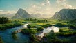© Zaleman - Landscape of a summer day with a pond, green grass, bushes and mountains on the horizon 3D illustration