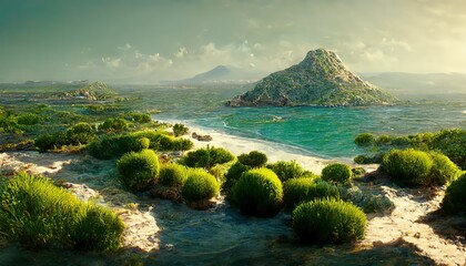 Poster - Landscape with a seashore, an island with greenery, hills and mountains on the horizon 3d illustration