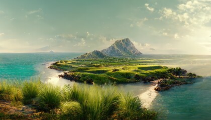 Poster - Mountain landscape by the sea, an island with greenery, hills and mountains on the horizon 3d illustration
