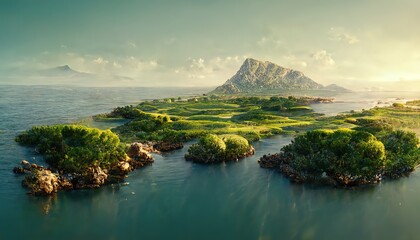 Poster - Seascape with a seashore, an island with greenery, hills and mountains on the horizon 3d illustration