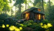 House In A Summer Forest With Falling Sunbeams Among Green Trees And Rocky Stones 3d Illustration