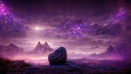 Poster - Mystical purple light at night with mountain landscape, starry sky 3d illustration