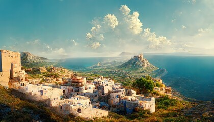 Poster - Seascape with an old fortress on a rocky hill, blue sea water under a blue sky with clouds 3d illustration