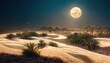 Night desert with an oasis under the starry sky and full moon 3d illustration