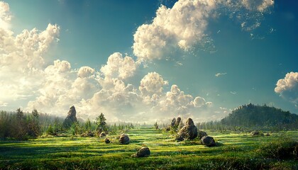 Poster - Landscape of a green field with coniferous trees and rocks under a blue sky with clouds 3d illustration