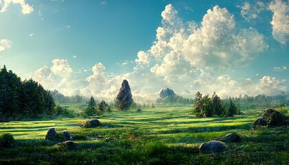 Poster - Summer landscape of a green field with coniferous trees under a blue sky with clouds 3d illustration