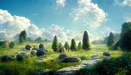 Poster - Summer landscape of a green field with coniferous trees and huge drops under a blue sky with clouds 3d illustration