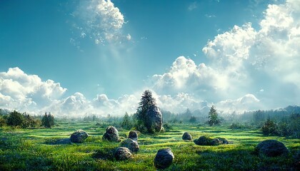 Poster - Summer landscape of a green meadow with coniferous trees and huge drops under a blue sky with clouds 3d illustration
