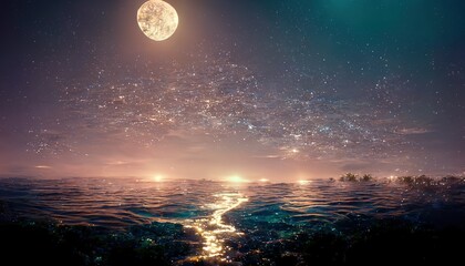 Starry night sky with a full moon over sea water, in which the moon path is reflected 3d illustration