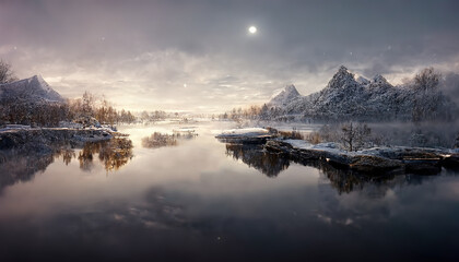 Winter landscape with a pond, mountains on the horizon, green islands of land and a full moon in the sky 3d illustration