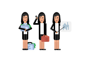 Sticker - Group of asian businesswoman doing business presentation, standing with money suitcase and talking on phone. Corporate business people isolated vector illustration.