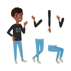 Wall Mural - Full length portrait of African American boy with legs and arms collection. Cute boy character creation, constructor for animation cartoon vector illustration