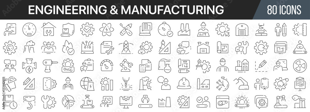 Engineering and manufacturing line icons collection. Big UI icon set in ...