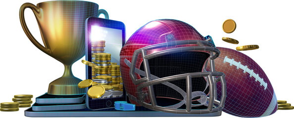 Wall Mural - Concept image of profitable online gambling on the winning outcome of American football sport events. 3D rendered illustration