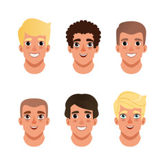 Wall Mural - Teenage boys heads set. Smiling boys characters creation, constructor for animation cartoon vector illustration