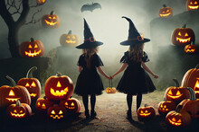 Little Witches With Jack O' Lantern Go For Trick Or Treat. 3d Illustration