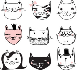 Wall Mural - Funny cats doodles. Set of 9 hand drawn characters in different poses. Design elements for print stickers, greeting cards, t-shirt, poster . Isolated on the background.