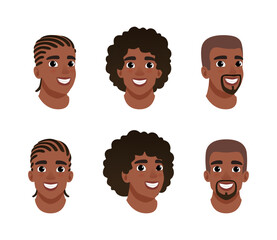 Wall Mural - Heads of African American boys set. Smiling boys characters creation, constructor for animation cartoon vector illustration