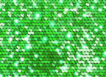 Green Sequins Disco Background, Glitters, Sparkles, Paillettes. Disco Party With Shiny Sequined Scales, Dots. Metallic Wall Texture.