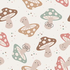 Wall Mural - Cute Kawaii Hand Drawn Seamless vector pattern with mushrooms. Cute drawing doodle cartoon characters.Design for scrapbooking, paper goods, background, wallpaper, fabric and all your creative project.