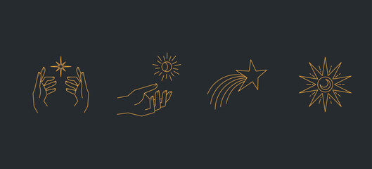 Wall Mural - aesthetic hands and cosmic and celestial elements. universal cosmos related icons. linear vector ill