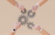 © Yossakorn - Hand of people helping to connect cogwheel gear, collaboration, teamwork, partnership concept, 3d render illustration.