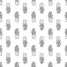 Seamless Pattern Of Hand Drawn Doodle Aloe Vera In Pot. Cute Cactus For Cards,posters, Fabric Black And White Line Art Cacti.