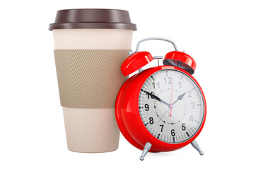 Poster - disposable cup of hot drink with alarm clock. coffee time concept. 3d rendering